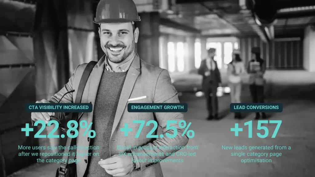 Confident team leader in hard hat symbolising CRO success, with team in background of a renovated workspace.