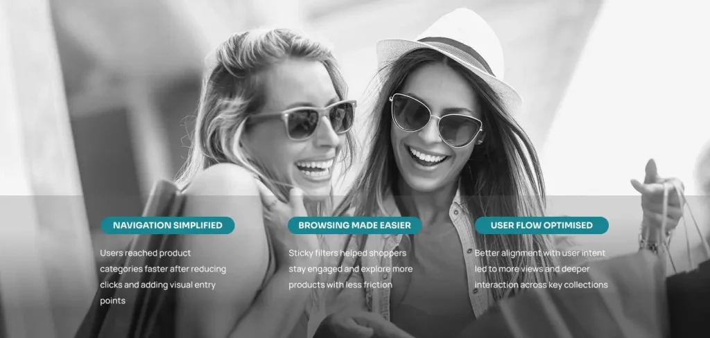 Two smiling women shopping with sunglasses and bags, highlighting CRO improvements in navigation, browsing experience, and user flow optimisation.