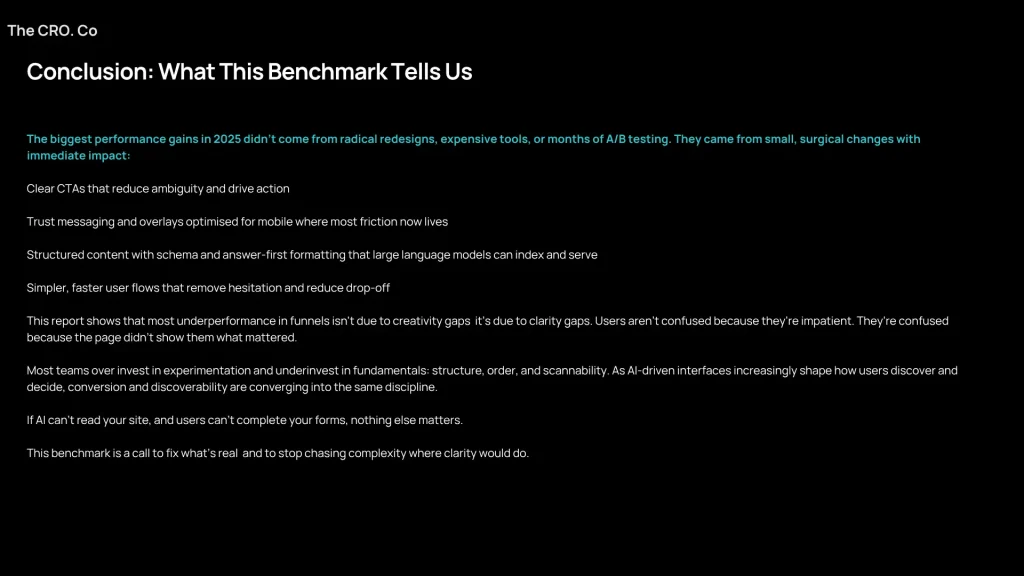 Benchmark conclusion – clarity, structure, schema and friction reduction outperform tools and tests in 2025 conversion success