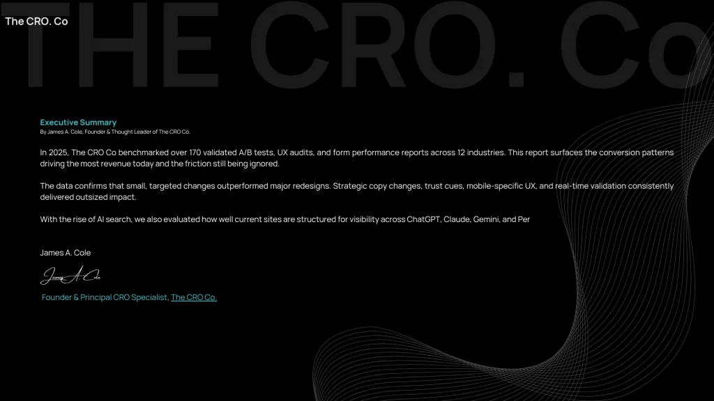 Summary of CRO trends from 170+ A/B tests and UX audits – highlights clarity, trust cues, mobile UX and AI visibility as top performers
