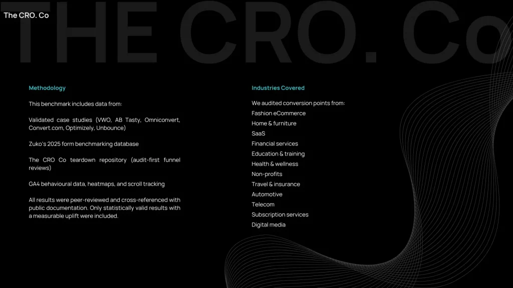 CRO benchmark methodology – based on verified tests from VWO, AB Tasty, Zuko, GA4 data, and The CRO Co audit repository